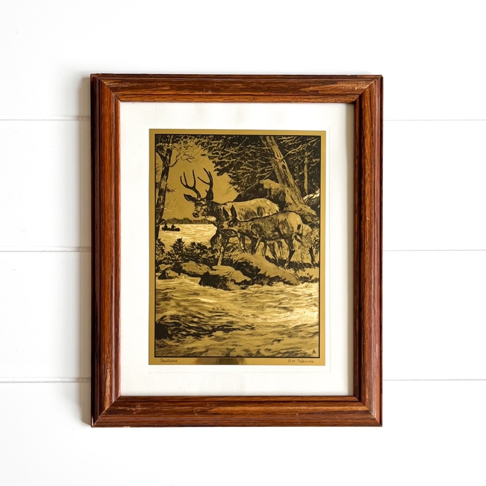 Vintage Deer Woodland Print, Rustic Cabin Lodge Decor, Gold Foil Art, 8x10 Frame